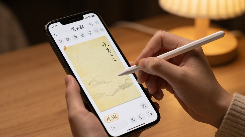 画面中一只手握着触控笔,正在手机屏幕上书写文字,手机屏幕显示