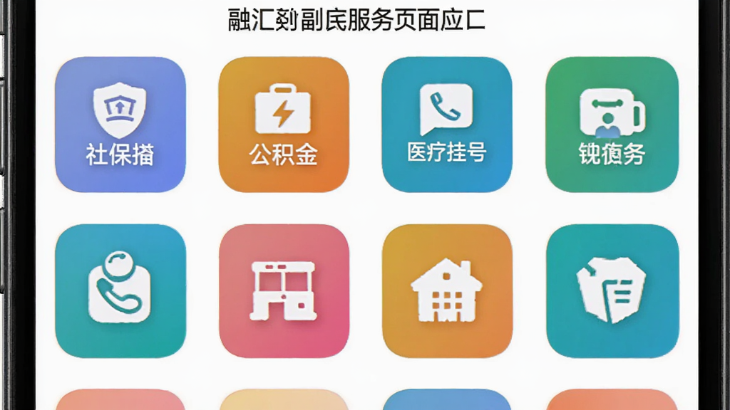 融汇副中心应用的便民服务页面,手机屏幕中展示多个服务图标网格,包括社保、公积金、医疗挂号等图标,背景为白色,图标为圆角矩形彩色设计,整体排版整齐,画质清晰,无多余元素