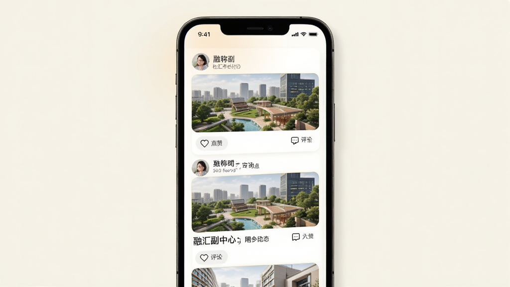 融汇副中心应用的社区互动界面,手机屏幕中展示用户发布的图文动态列表,包含头像、昵称、文字内容和点赞评论按钮,背景为浅色,风格温馨友好,画质清晰干净,无多余元素