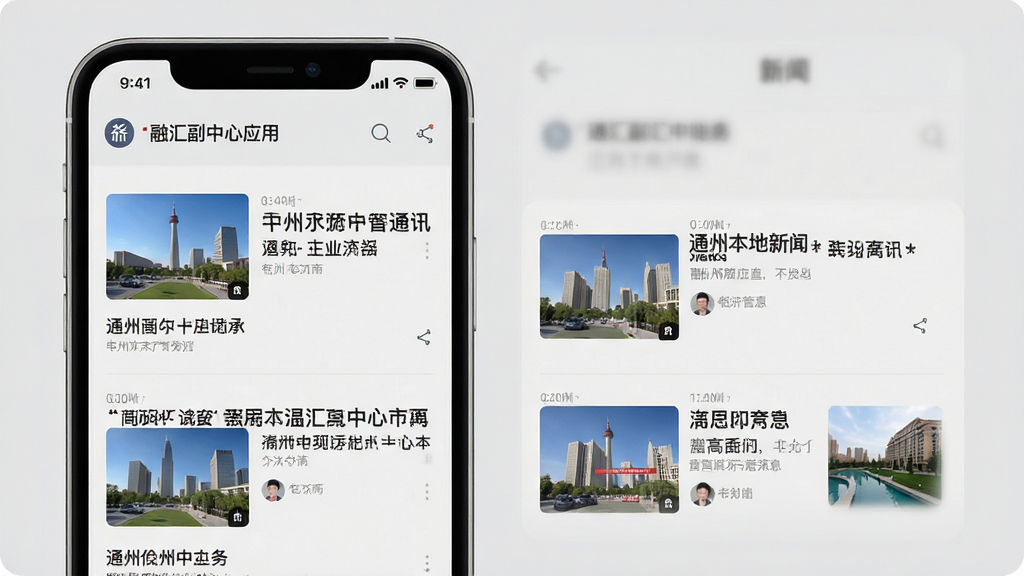 融汇副中心应用内的新闻资讯列表界面,手机屏幕中展示多条通州本地新闻标题与缩略图,界面背景为浅灰色,标题文字清晰,风格为扁平化设计,画质干净清晰,无多余元素