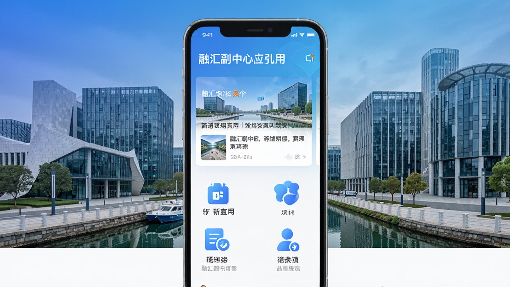 一张展示智能手机屏幕的图片,屏幕中显示融汇副中心应用的主界面,界面包含新闻资讯卡片和功能图标,背景是北京通州运河商务区现代建筑群,整体色调为蓝白渐变,风格简洁现代,画质清晰干净,无多余元素