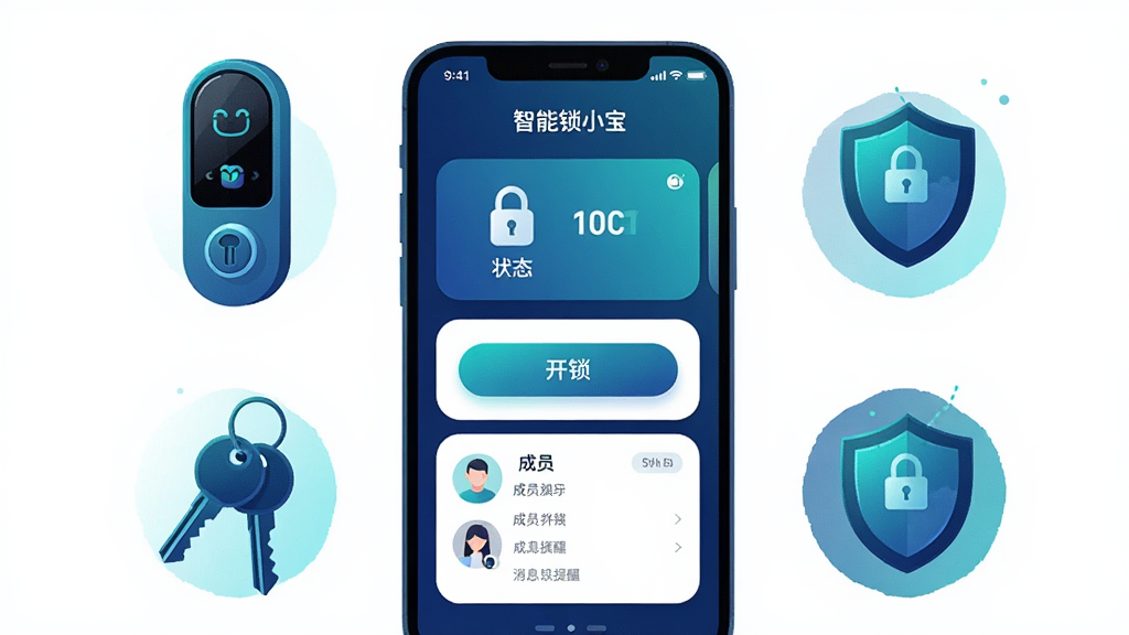画面中央放置一部智能手机,手机屏幕上显示“智能锁小宝”应用主界面,界面中包含门锁状态卡片、开锁按钮、成员列表与消息提醒模块,手机周围环绕智能门锁、钥匙、盾牌等图标元素,布局采用居中对称式,整体风格为现代科技感扁平插画,配色以深蓝与青绿为主,细节上加入渐变光效与圆角卡片,画质高清,画面干净,无多余元素