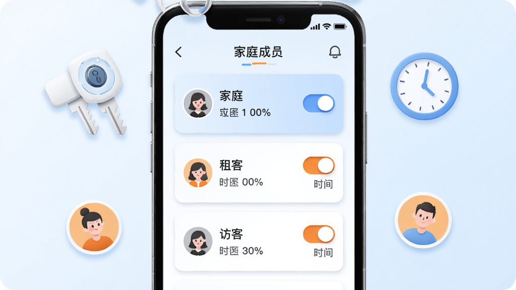 智能锁小宝应用中的成员权限管理页面,画面以手机屏幕为主体,屏幕内展示家庭成员、租客、访客三类角色卡片,每张卡片旁配有权限开关与时间设置图标,屏幕外漂浮钥匙、时钟、用户头像等象征元素,布局采用左右分栏式,风格为轻拟物扁平风,配色以白色、浅蓝、橙色点缀为主,细节上突出权限分级与时间控制,画质高清,干净无多余元素