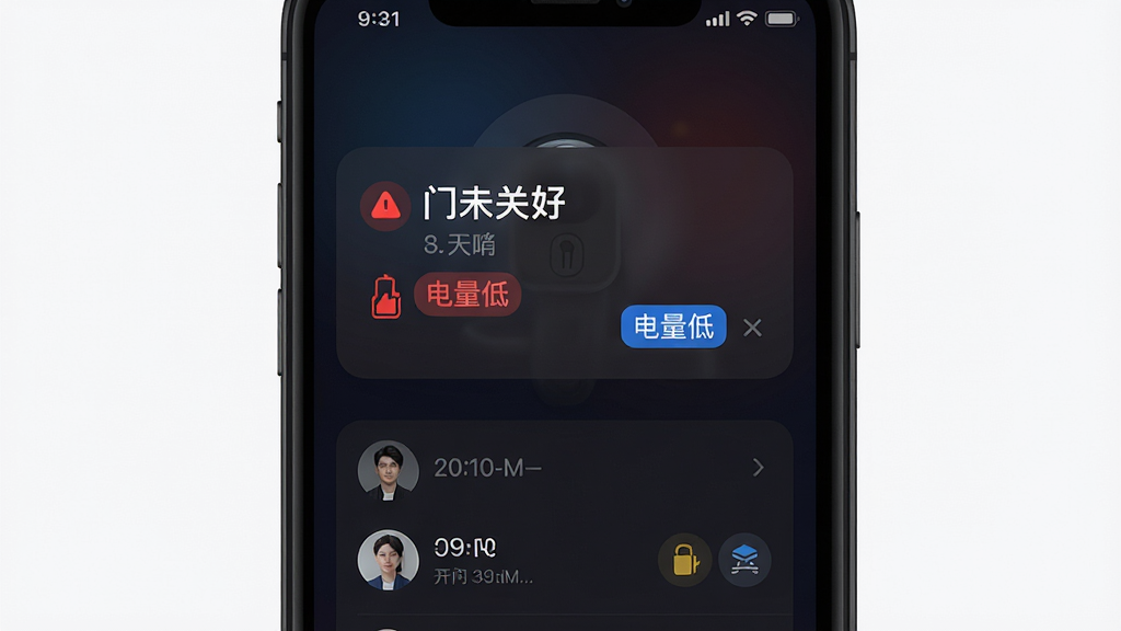 智能锁小宝应用的消息提醒界面,手机屏幕中央弹出异常提醒卡片,卡片上显示“门未关好”与“电量低”提示,屏幕下方为开门记录列表,记录中包含时间、成员头像与开门方式图标,背景为深色渐变,突出通知的醒目感,布局为上下结构,风格为现代暗色系UI,细节上加入红色警示点与蓝色信息标签,画质高清,画面干净,无多余元素