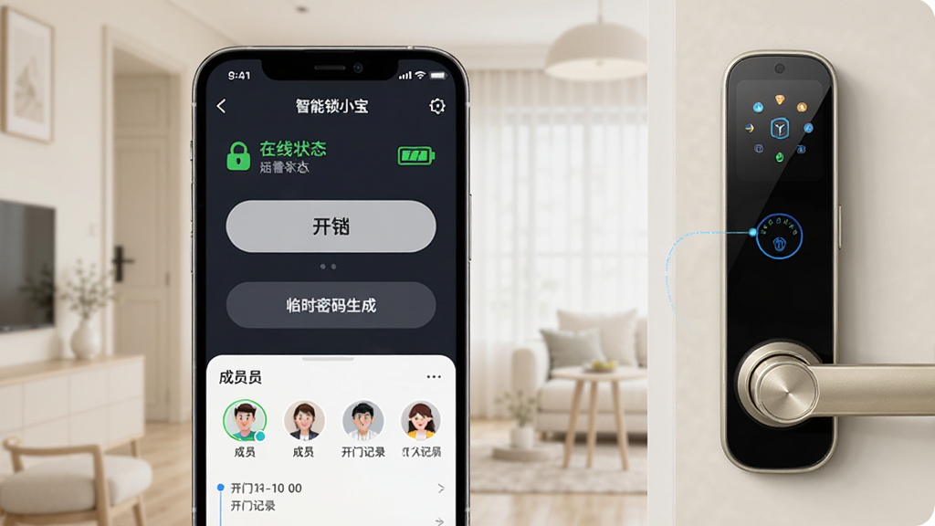 一部智能手机竖屏展示“智能锁小宝”远程管理界面,屏幕上方显示门锁在线状态与电量图标,中部为开锁按钮与临时密码生成区域,下方排列成员头像与开门记录时间线,背景为浅色家居场景,智能门锁位于画面右侧,整体风格为清新写实风,布局简洁明了,细节上突出手机屏幕内容与门锁的联动关系,画质清晰,画面干净,无多余元素