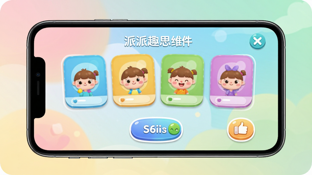 派派趣思维软件主界面展示,主体为一部智能手机屏幕,屏幕中显示色彩明快的儿童思维训练卡片与互动按钮,布局居中,排版简洁,风格清新卡通,细节包含圆润图标与柔和渐变背景,画质清晰干净,无多余元素