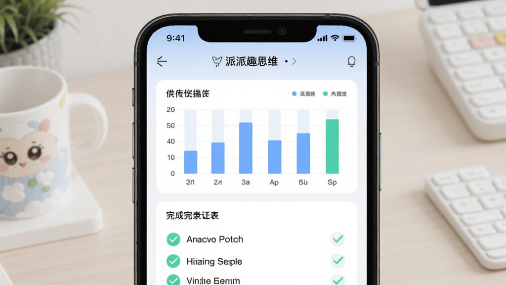 派派趣思维使用记录追踪页面,主体为手机屏幕显示数据图表与完成列表,布局上下结构,排版规整,风格清爽,细节包含柱状图与勾选标记,画质清晰,无多余元素