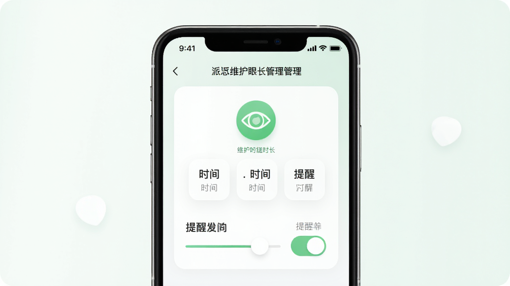 派派趣思维护眼时长管理设置界面,主体为手机屏幕显示时间选择与提醒开关,布局居中,排版简洁,风格柔和,细节包含绿色护眼图标与滑动条,画质干净,无多余元素