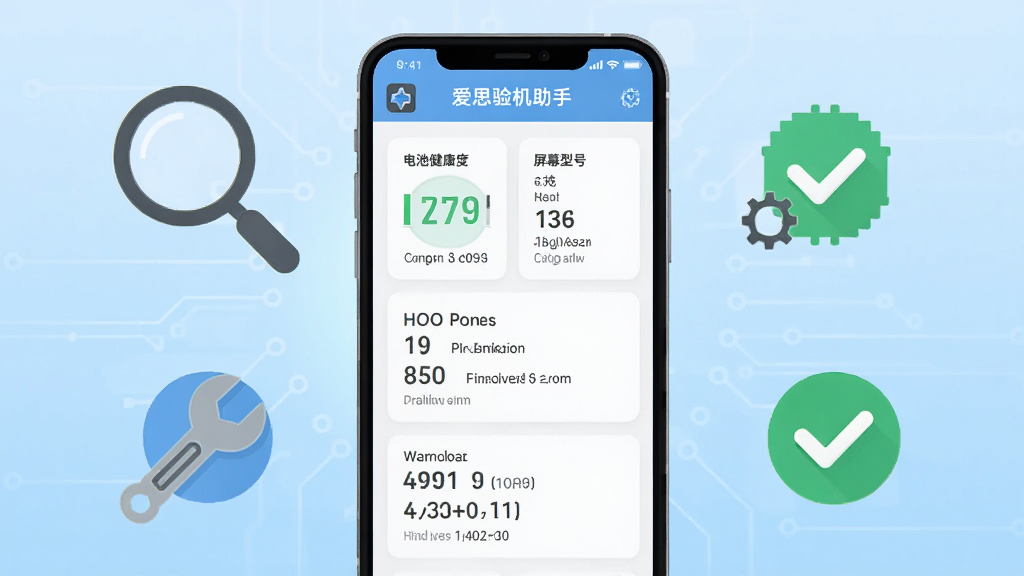 一部智能手机屏幕中央显示着爱思验机助手的检测界面,界面中包含电池健康度、屏幕型号、处理器信息等数据卡片,手机周围环绕着放大镜、扳手、检测对勾等图标元素,背景为浅蓝色科技感渐变,整体采用扁平化UI设计风格,画面干净整洁,文字清晰可见,画质高清,无多余杂乱元素