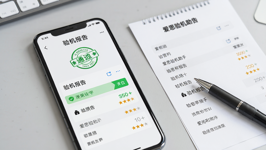 一部手机屏幕显示着爱思验机助手生成的验机报告页面,报告顶部有“验机报告”标题和绿色通过印章,下方分列着各项检测结果和评分,手机旁边放着一张纸质报告单和一支笔,背景为浅灰色办公桌面,风格为商务简洁,画质清晰,无多余元素