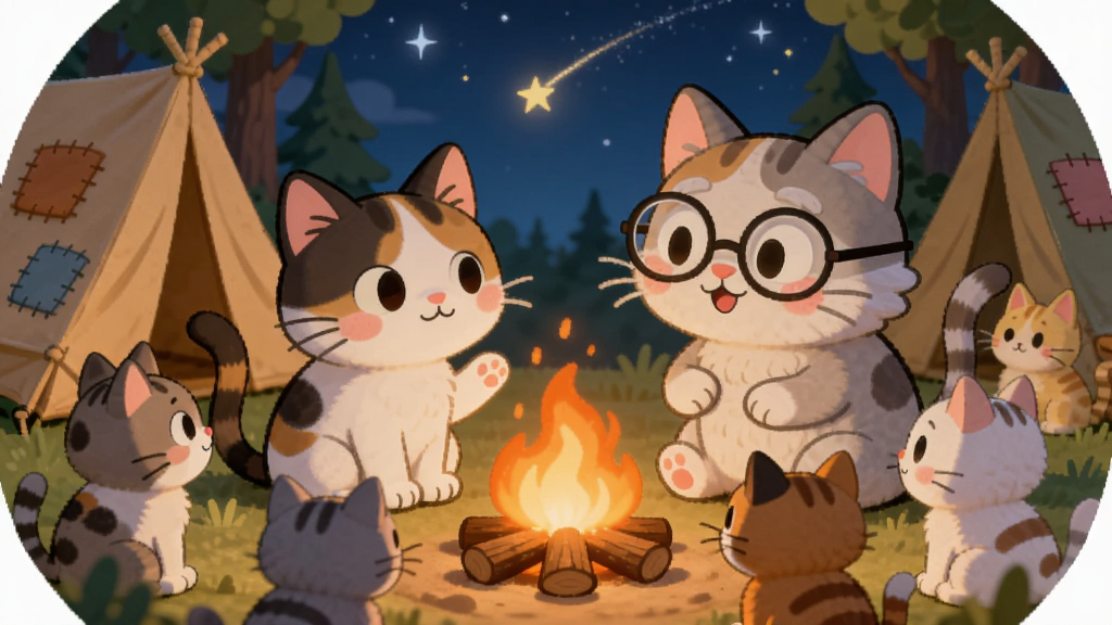 一只花斑小猫咪和一只戴眼镜的老猫咪坐在篝火旁交谈,周围围坐着几只不同颜色的小猫咪,背景是星空下的森林营地,画面采用圆形构图突出温馨氛围,风格为温暖治愈系卡通,细节包括篝火跳动的火焰、猫咪们各异的表情、帐篷上的补丁、天空中划过的流星,画质柔和,色调温暖,干净无杂质,画面中不出现任何文字