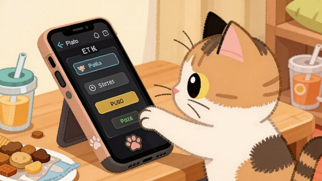 一只小猫咪坐在手机屏幕前用爪子点击屏幕,手机屏幕上显示游戏设置界面和画质选项,画面采用特写构图,背景是温馨的房间一角,风格为扁平化卡通插画,细节包括手机壳上的猫爪图案、桌面上的零食和饮料、猫咪专注的眼神,画质清晰,色彩明快,干净简洁,画面中不出现任何文字