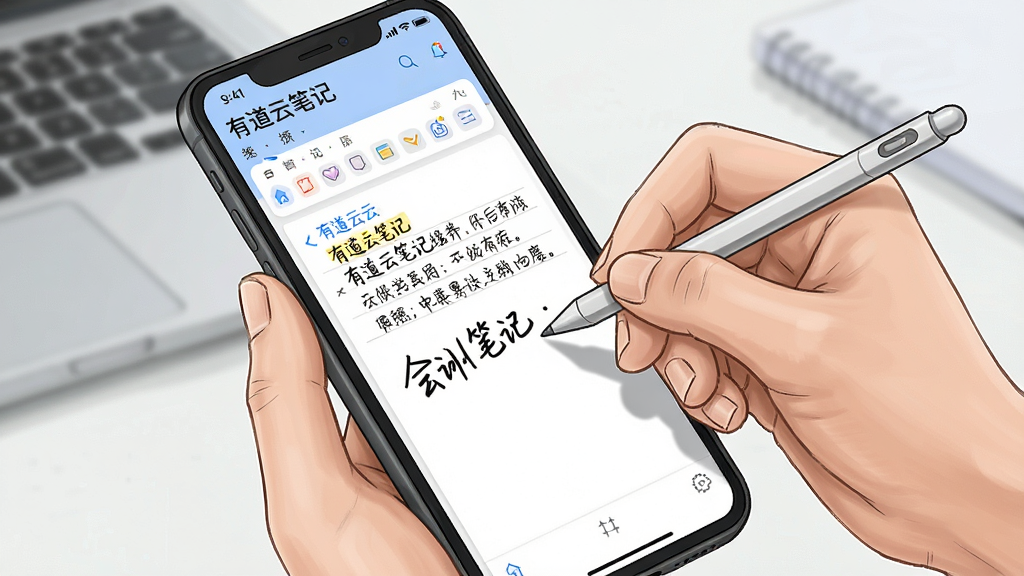 一张展示用户手持手机使用有道云笔记记录会议内容的场景插画,主体为人物手部和手机屏幕,布局采用特写构图,风格为写实商务插画,细节包括手机屏幕上的笔记编辑界面和手写笔触,画质高清干净,画面中文字标注“有道云笔记”