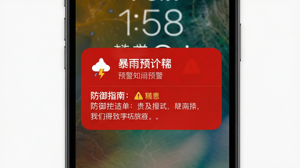 天气预报智能实时报 预警通知界面,主体是手机锁屏界面弹出红色暴雨预警卡片,布局居中,排版醒目,风格警示性强,细节有预警图标和防御指南文字,画质清晰,干净,无多余元素