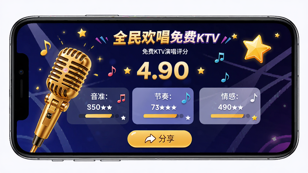 全民欢唱免费KTV演唱评分界面,手机屏幕显示演唱结束后的评分结果,包含音准、节奏、情感等评分项,画面中有金色麦克风和星星评分元素,主体为全民欢唱免费KTV评分页面,排版清晰,风格活泼动感,细节展示分数数字与分享按钮,画质高清干净无多余元素