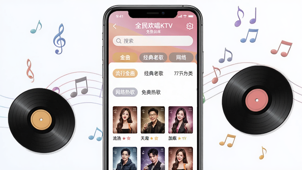 全民欢唱免费KTV曲库界面,手机屏幕显示歌曲分类列表,包含流行金曲、经典老歌、网络热歌等标签,画面中有音符与唱片元素点缀,主体为全民欢唱免费KTV点歌界面,布局整齐,风格清爽明亮,细节展示搜索框与歌曲封面缩略图,画质清晰干净无多余元素