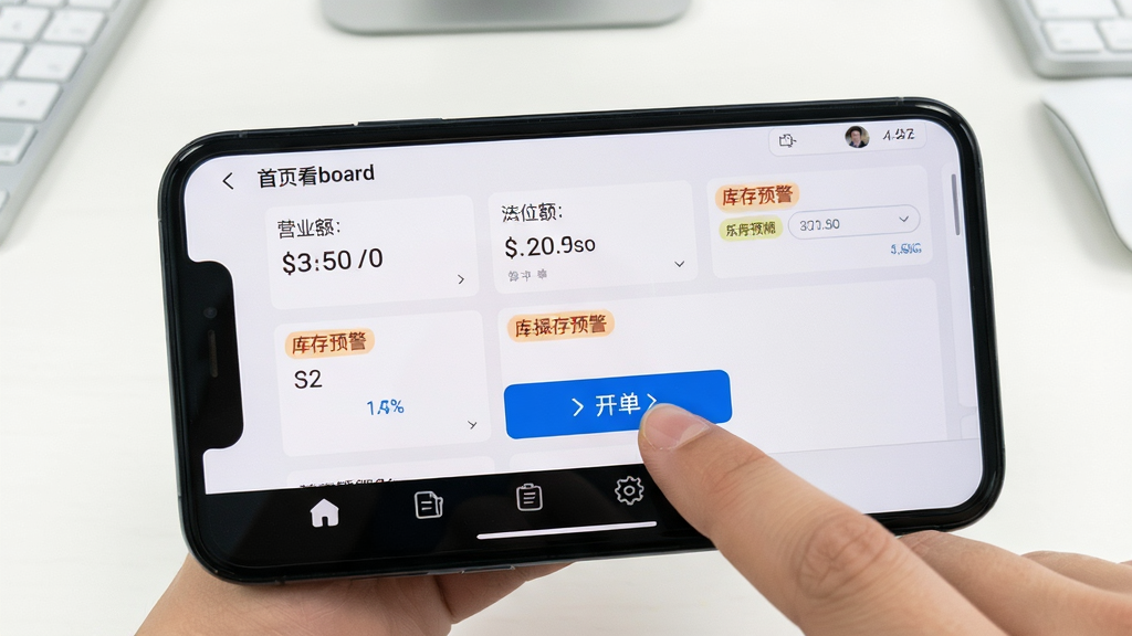 销快帮进销存新手操作引导界面,画面为手机屏幕显示底部导航栏和首页看板,手指正点击开单按钮,背景为简洁的白色桌面,布局为第一人称视角,风格为教程演示风,细节包括清晰的导航图标、营业额数字、库存预警标签,画质高清,干净,无多余元素