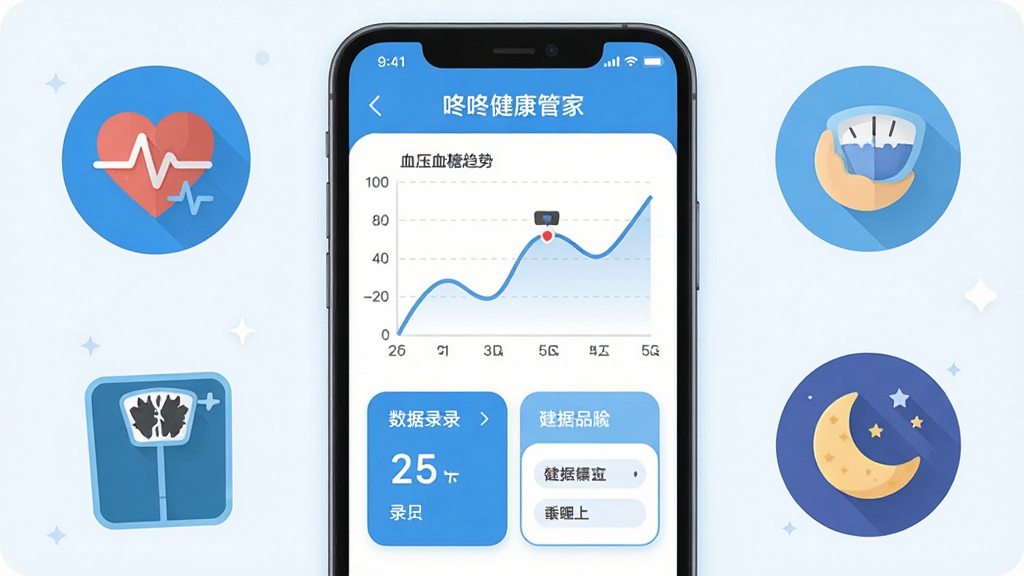 ���˽����ܼҽ������ݼ�¼���棬��������չʾ�ֻ���Ļ����Ļ��ΪѪѹѪ����������ͼ������¼�뿨Ƭ����Χ��������ͼ�ꡢ���س�ͼ����˯������ͼ�꣬���ֲ������½ṹ������ƽ��ҽ������ɫ��ϸ�ڰ���Բ�����ݿ�Ƭ�������̶��ߣ����ʸɾ��޶���Ԫ��