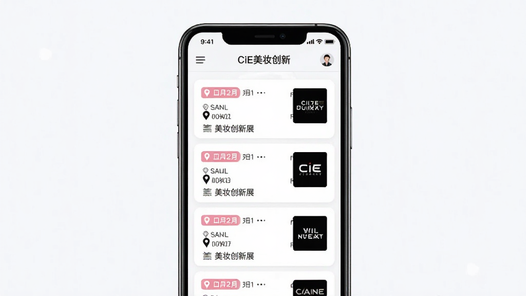 美妆展会资讯页面展示,主体为手机屏幕显示展会列表,布局为纵向卡片式排列,排版整齐有序,风格清新时尚,细节包含日期标签、地点图标、品牌logo缩略图,画质高清,干净无多余元素,画面中文字标注