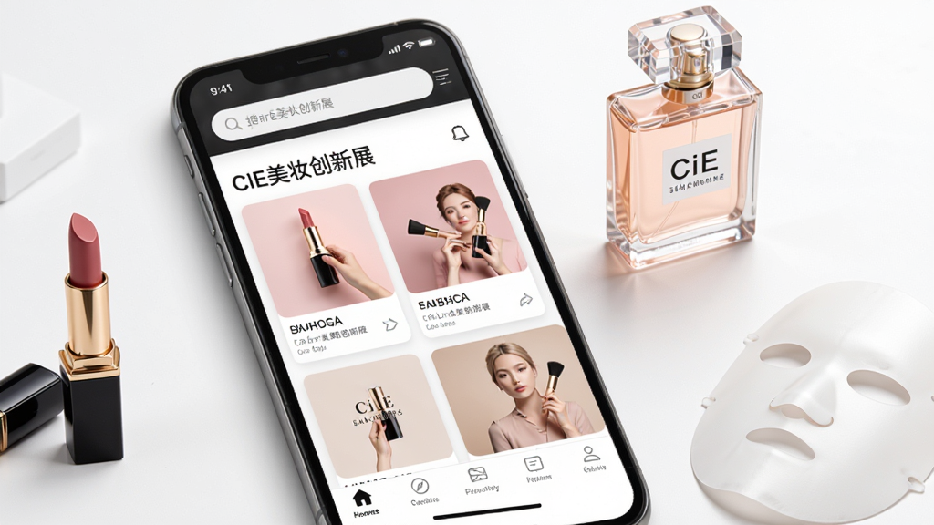 CiE美妆创新展手机应用界面展示,主体为一部智能手机,屏幕显示美妆展会首页,布局包含顶部搜索栏、中部品牌推荐卡片、底部导航菜单,排版简洁清晰,风格现代商务,细节包含口红、香水瓶、面膜等美妆元素点缀,画质高清,干净无多余元素,画面中文字标注