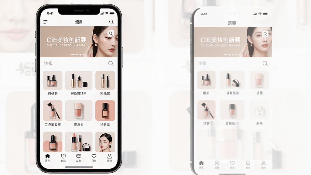 CiE美妆创新展移动端操作界面截图,主体为手机屏幕展示应用首页和功能菜单,布局包含顶部banner、中部功能图标网格、底部导航栏,排版规整,风格清爽简约,细节包含美妆产品小图、搜索放大镜图标,画质高清,干净无多余元素,画面中文字标注