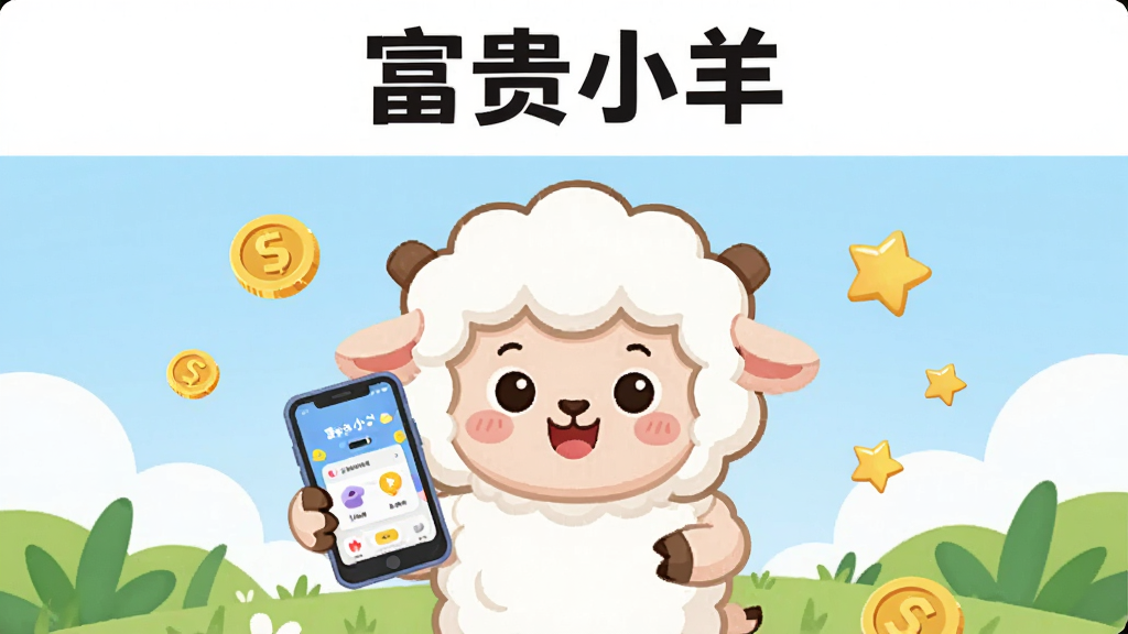 主体为一只卡通风格的小羊手持手机站在清新草地上,布局采用居中构图,排版上方留白放置标题区域,风格为扁平化卡通插画,细节包括小羊微笑表情、手机屏幕显示互动界面、周围点缀金币与星星元素,画质高清干净无多余元素,图片中文字标注“富贵小羊”