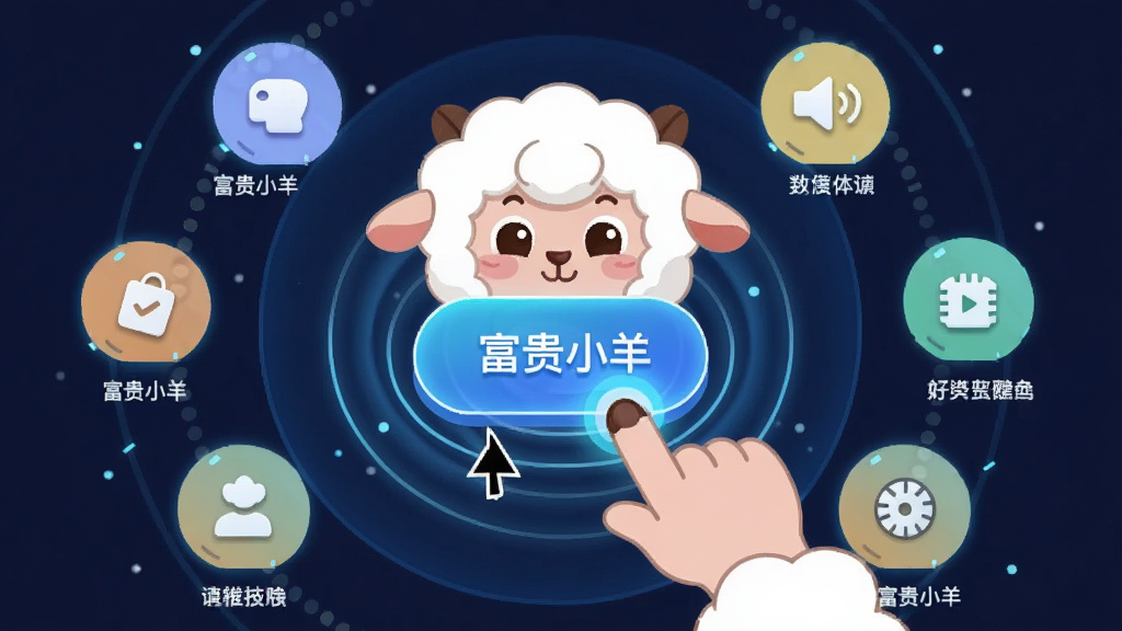 主体为一只卡通小羊用手指点击悬浮的按钮图标,布局采用环形放射构图,排版中心放置按钮四周环绕功能图标,风格为科技感扁平插画,细节包括触控波纹、手指光标、功能标签,画质高清干净无多余元素,图片中文字标注“富贵小羊”