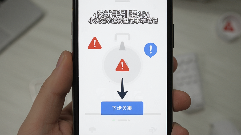 小决定幸运转盘记事本笔记的新手引导界面,手机屏幕显示安装步骤示意图,有箭头指向下一步按钮,旁边有红色警告图标和蓝色提示图标,背景为白色,风格扁平化教程风,布局清晰,画质干净,无多余元素