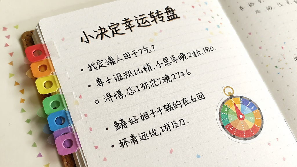 小决定幸运转盘记事本笔记的记事本界面,白色纸张质感背景,上面有手写风格的文字记录,旁边有彩色标签和圆形转盘小图标作为装饰,布局整洁,风格温馨文艺,画质干净,无多余元素
