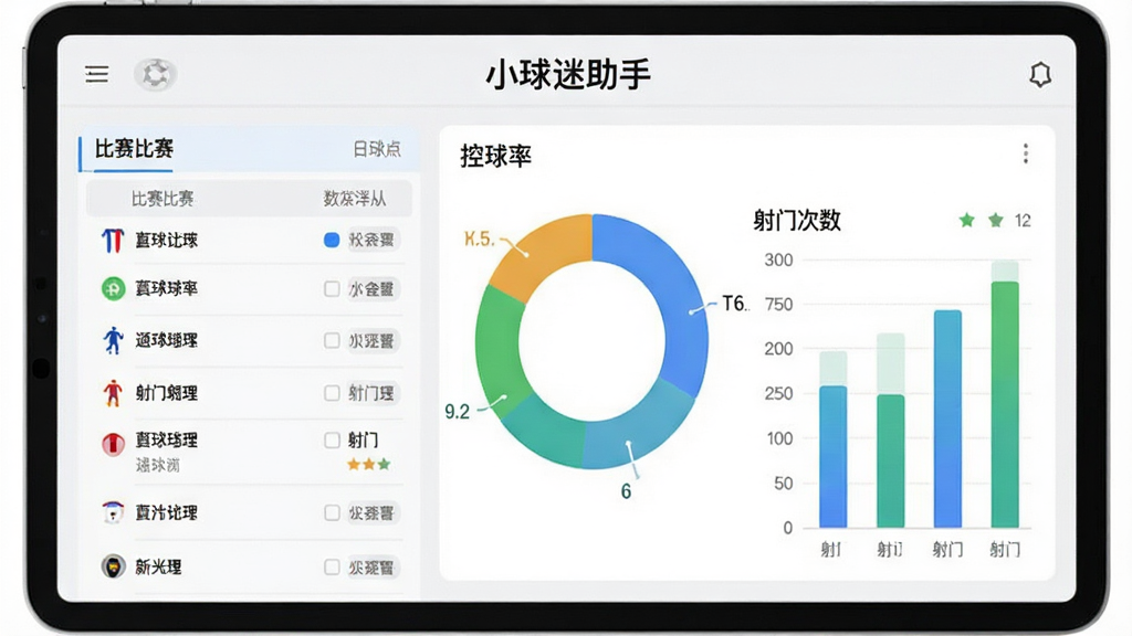 平板电脑横屏展示多场足球比赛数据面板,左侧为比赛列表,右侧为控球率环形图与射门次数柱状图,界面顶部有“小球迷助手”文字标识,整体采用浅色商务风格,数据图表清晰,画质干净整洁