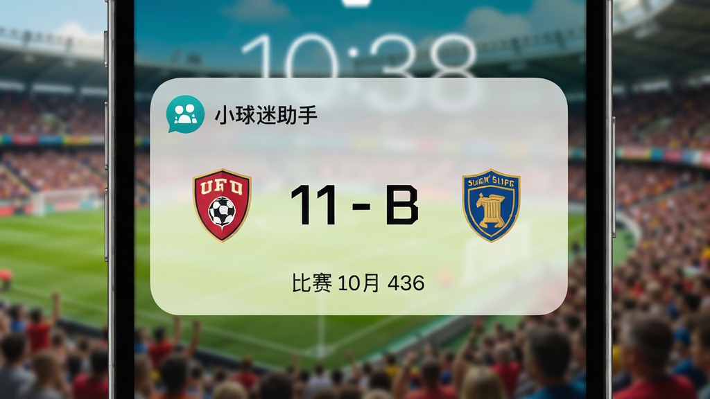 手机锁屏界面弹出足球比分推送通知,通知卡片采用圆角设计,顶部显示“小球迷助手”文字标识,中部展示两队队徽与当前比分,底部标注比赛进行时间,背景为虚化的球场看台,风格简洁明快,画质干净无杂乱元素