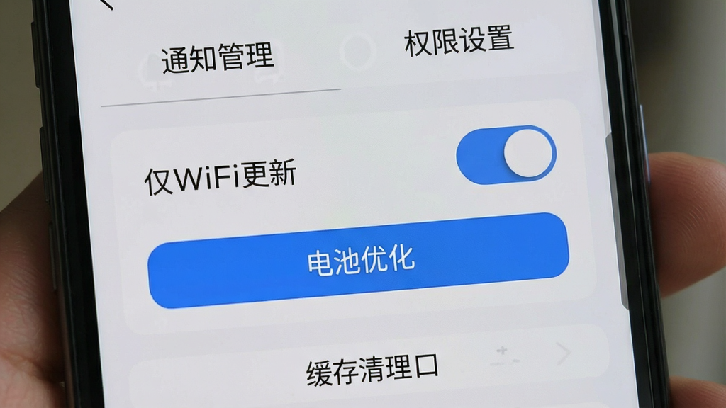 手机屏幕显示小球迷助手设置界面,顶部为“通知管理”与“权限设置”选项,中部有“仅WiFi更新”开关与“电池优化”按钮,底部为缓存清理入口,界面采用浅灰色背景与蓝色高亮按钮,风格清爽简洁,画质干净无多余装饰