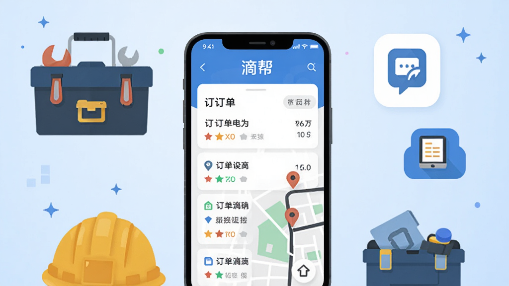 画面中央放置一部智能手机,屏幕显示滴帮应用主界面,界面内有订单列表和地图定位标记,手机周围环绕工具箱、安全帽、接单图标等元素,整体采用扁平化科技风格,背景为浅蓝色渐变,排版简洁居中,细节清晰,画质干净,无多余元素