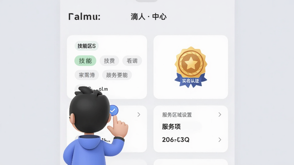 画面展示滴帮个人中心页面,页面内有技能标签选择区、实名认证徽章、服务区域设置项,一个卡通人物正在勾选技能标签,背景为柔和浅灰色,排版为纵向卡片式布局,风格清爽简洁,细节清晰,画质干净,无多余元素