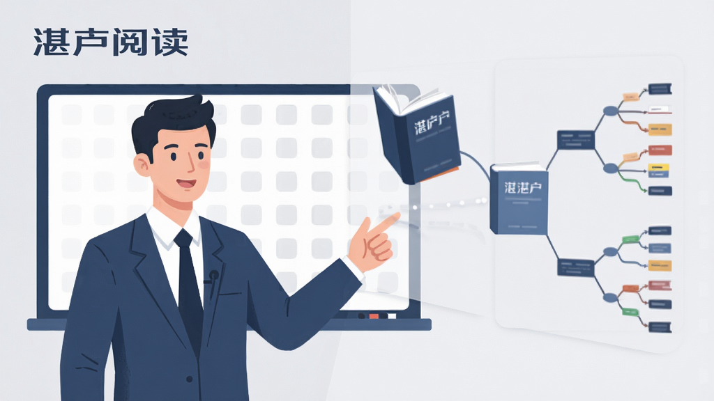 软件名称湛庐阅读,主体为一位讲师形象在屏幕前讲解书籍,布局采用左右分栏,左侧为讲师半身像,右侧为悬浮的书本与思维导图,排版清晰,风格为商务扁平插画,细节包括讲师手势指向思维导图节点,背景为浅灰色,画质高清,干净,无多余元素
