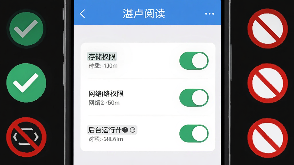 软件名称湛庐阅读,主体为手机屏幕显示设置界面与权限开关,布局采用居中特写,屏幕周围有勾选与禁止图标对比,排版直观,风格为扁平化UI示意图,细节包括存储权限、网络权限、后台运行开关的高亮标注,画质高清,干净,无多余元素