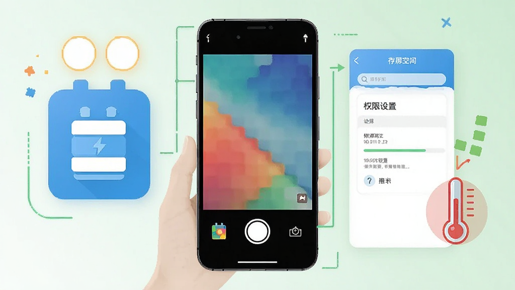 手机录屏软件使用场景示意图,画面展示一部手机正在进行屏幕录制,旁边有存储空间图标、权限设置界面、温度计图标等元素,整体风格信息图形式,色彩明快,排版清晰,高清画质,干净整洁