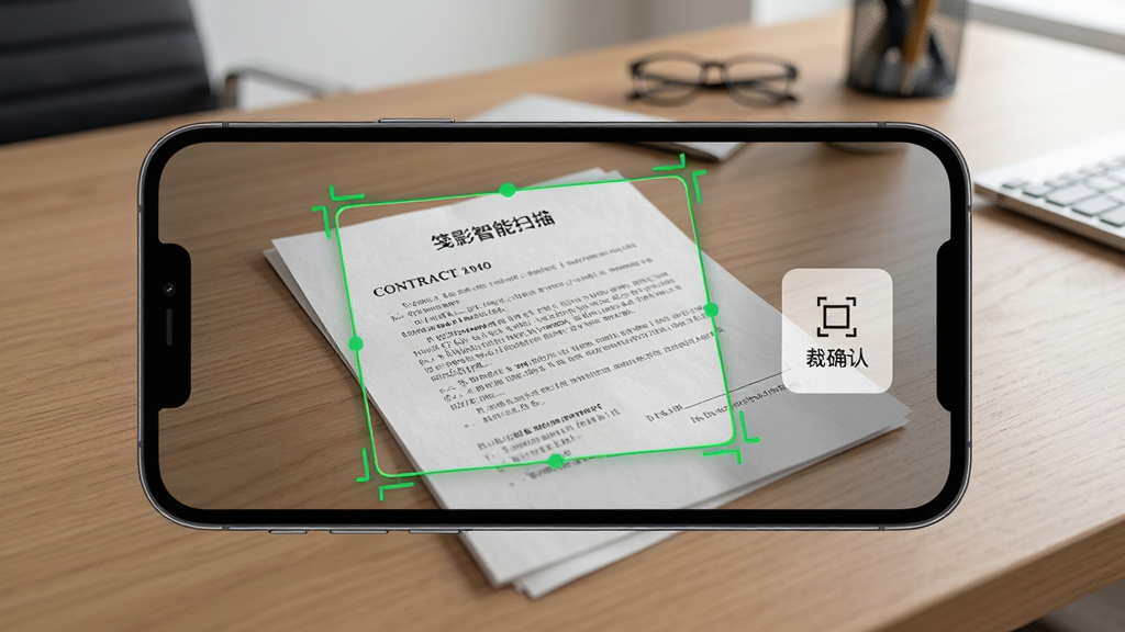 一部手机正在拍摄一份放在木桌上的纸质合同,手机屏幕中显示“笺影智能扫描”应用界面,界面里合同边缘被绿色智能识别框标注,画面右侧浮现半透明的裁剪确认按钮,背景为简洁的办公桌面,风格为写实产品展示风,细节上突出屏幕UI与纸张纹理,画质高清,干净无多余元素