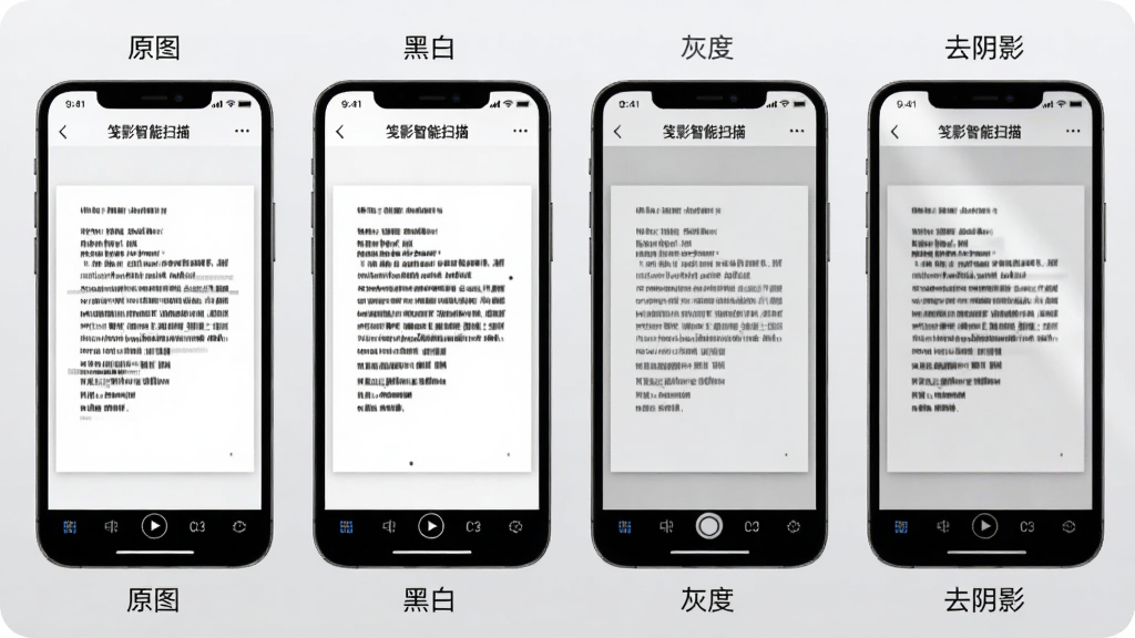四张并排的手机截图展示“笺影智能扫描”的四种图像增强效果,分别标注“原图”“黑白”“灰度”“去阴影”,每张截图内为同一份纸质文档的不同处理结果,界面统一为“笺影智能扫描”应用风格,背景为浅灰渐变,风格为功能对比展示图,细节上突出文字对比度变化,画质清晰,干净无多余元素