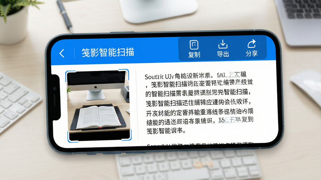 手机屏幕显示“笺影智能扫描”的文字提取结果页面,左侧为扫描原图缩略图,右侧为识别出的可编辑文本段落,界面采用蓝白配色,顶部有“复制”“导出”“分享”三个图标按钮,背景为浅色办公桌面,风格为清爽科技风,细节上突出文字清晰度与界面层次,画质锐利,干净无多余元素