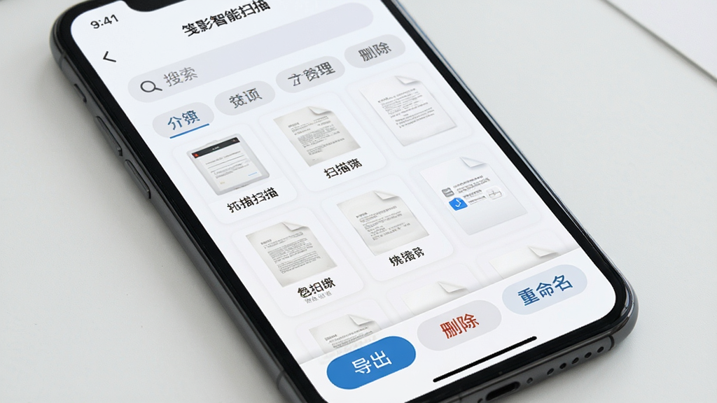 手机屏幕展示“笺影智能扫描”的文件管理界面,列表中有多份以缩略图加名称显示的扫描文档,顶部有搜索框和分类标签,底部有“导出”“删除”“重命名”操作栏,界面风格为简洁卡片式布局,背景为浅色,细节上突出文件缩略图与操作按钮,画质清晰,干净无多余元素