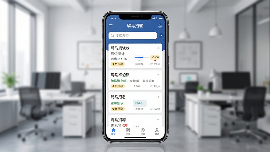 聘马招聘软件主界面展示,画面中央是一部智能手机,屏幕显示聘马招聘APP的职位列表页面,包含搜索框和各类岗位卡片,背景为简洁的办公室环境虚化,主体突出,布局居中,排版干净,风格现代商务,细节上手机边缘有轻微反光,屏幕内容清晰可辨,画质高清,画面干净无多余元素。