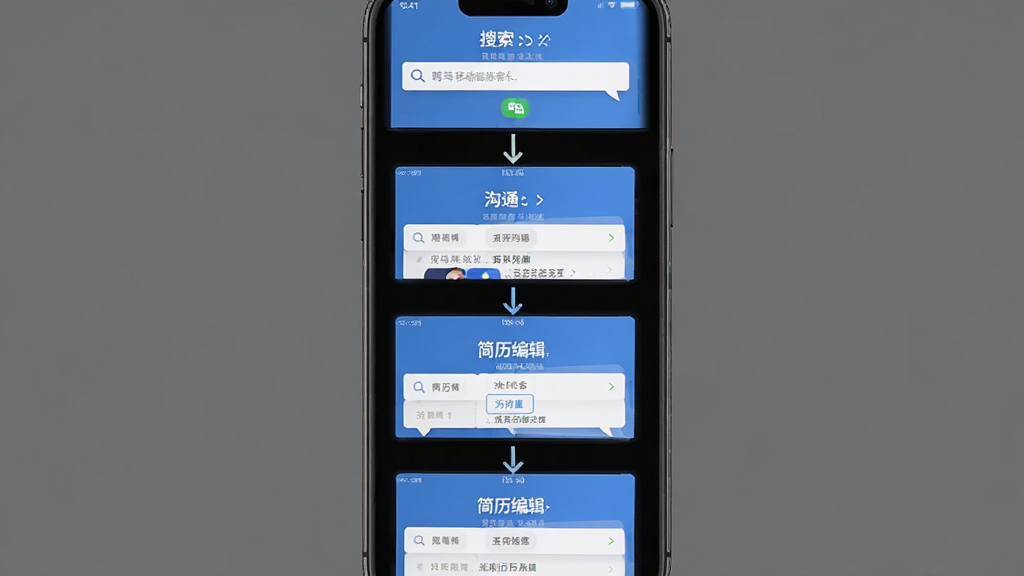 聘马招聘移动端操作示意图,画面展示一部手机屏幕录制风格的长图,从上到下依次排列着搜索、沟通、简历编辑三个操作界面截图,布局为纵向排列,排版整齐,风格清新扁平,细节上每个界面之间有箭头连接,画质高清,画面干净无多余元素,图片中不出现文字。