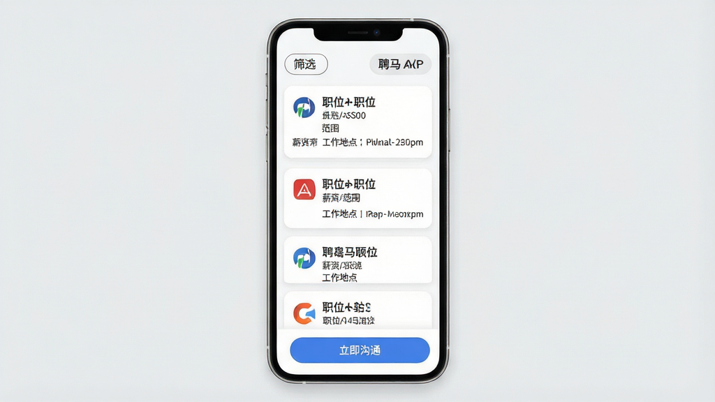 聘马招聘APP职位列表页面,画面主体为手机屏幕,屏幕内展示多条职位卡片,每条卡片包含公司Logo、职位名称、薪资范围、工作地点,卡片采用白色圆角设计,页面顶部有筛选按钮,底部有“立即沟通”按钮,背景为浅灰色,风格简洁商务,细节清晰,画质高清,画面干净,无多余元素