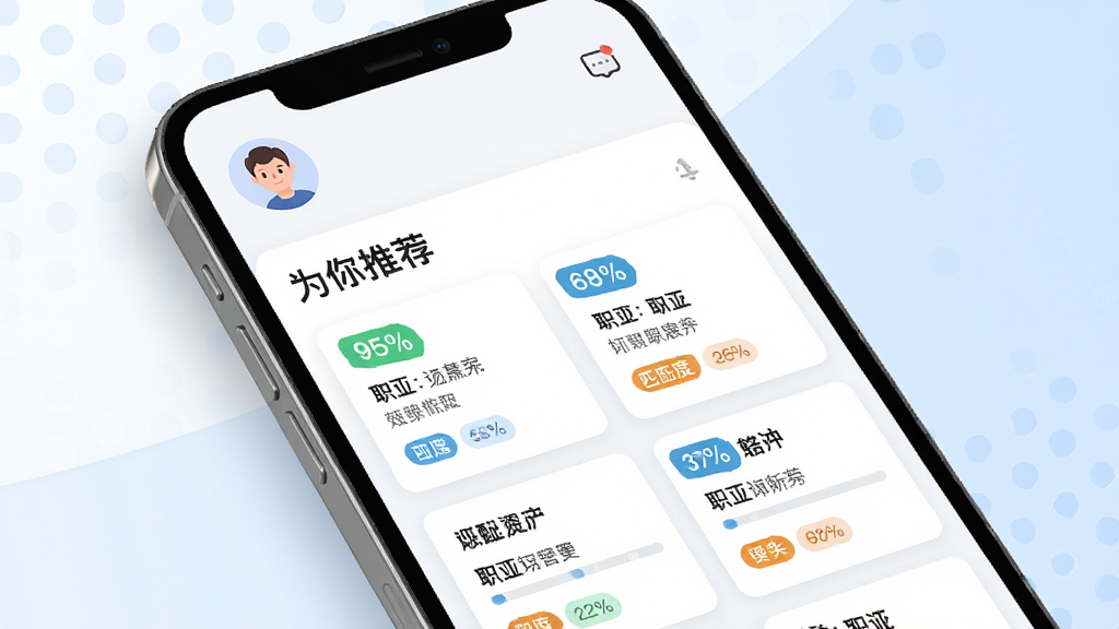 聘马招聘APP智能推荐页面,画面主体为手机屏幕,屏幕内显示“为你推荐”模块,下方排列多个职位卡片,每个卡片带有匹配度百分比标签,页面顶部有个人头像与消息图标,背景为白色与淡蓝色搭配,风格科技感与商务感结合,细节包括匹配度进度条与职位标签,画质高清,画面干净,无多余元素