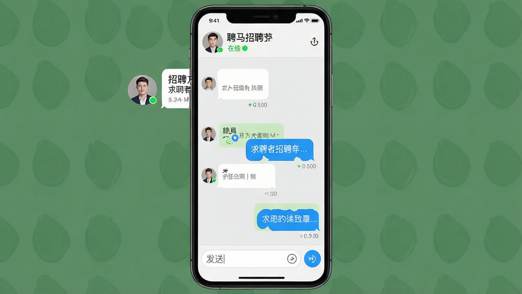 聘马招聘APP在线聊天界面,画面展示手机屏幕内求职者与招聘方的对话窗口,左侧为招聘方头像与消息气泡,右侧为求职者回复内容,底部有输入框和发送按钮,顶部显示对方公司名称与在线状态,背景为浅色聊天背景,风格清爽,细节包括消息时间戳与已读标识,画质高清,画面干净,无多余元素