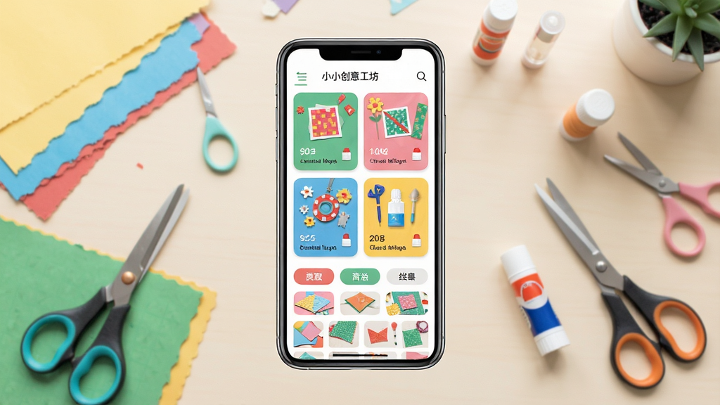 一张展示小小创意工坊手机应用界面的预览图,画面中央是手机屏幕,屏幕内显示色彩缤纷的手工教程卡片和分类标签,背景是柔和的浅色工作台,桌面上散落着彩纸、剪刀、胶棒等手工工具,整体风格清新明快,布局居中对称,细节丰富,画质清晰干净,无多余元素
