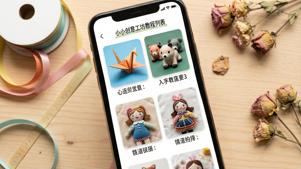 一张展示小小创意工坊教程列表页面的图片,画面主体是手机屏幕特写,屏幕中排列着多张手工教程封面图,包括折纸千纸鹤、黏土小动物、布艺玩偶等,每张封面下方有简短标题,背景是浅木色桌面,桌面上放着一卷彩色丝带和几片干花,风格温暖治愈,排版整齐有序,画质高清,干净无杂物