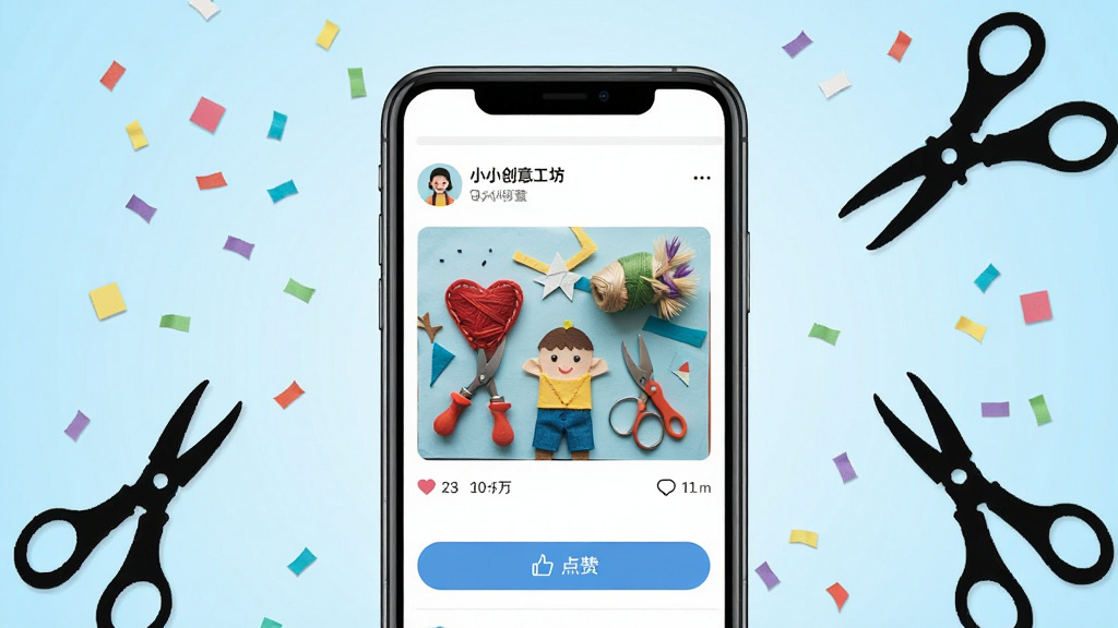 一张展示小小创意工坊社区互动页面的图片,画面中是手机屏幕显示用户作品分享动态,包含手工成品照片和点赞评论按钮,屏幕周围环绕着彩色纸屑和手工工具剪影,背景为淡蓝色渐变,风格活泼现代,布局清晰,画质干净明亮,无杂乱元素