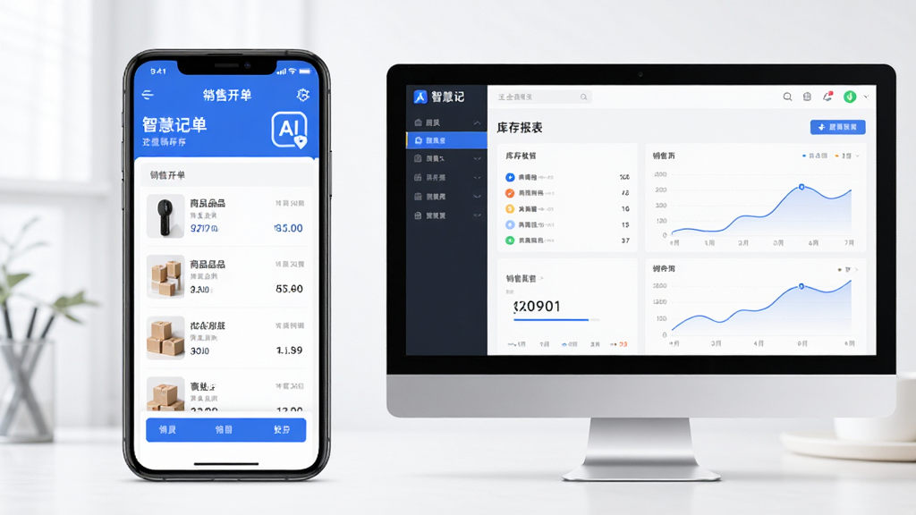 主体是智慧记AI进销存软件界面展示,布局为手机屏幕与电脑屏幕并排呈现,排版上左侧显示手机端销售开单界面,右侧显示电脑端库存报表界面,风格为现代简约商务风,细节包括AI智能图标、商品列表、库存数字、销售曲线图,画质清晰干净,无多余元素